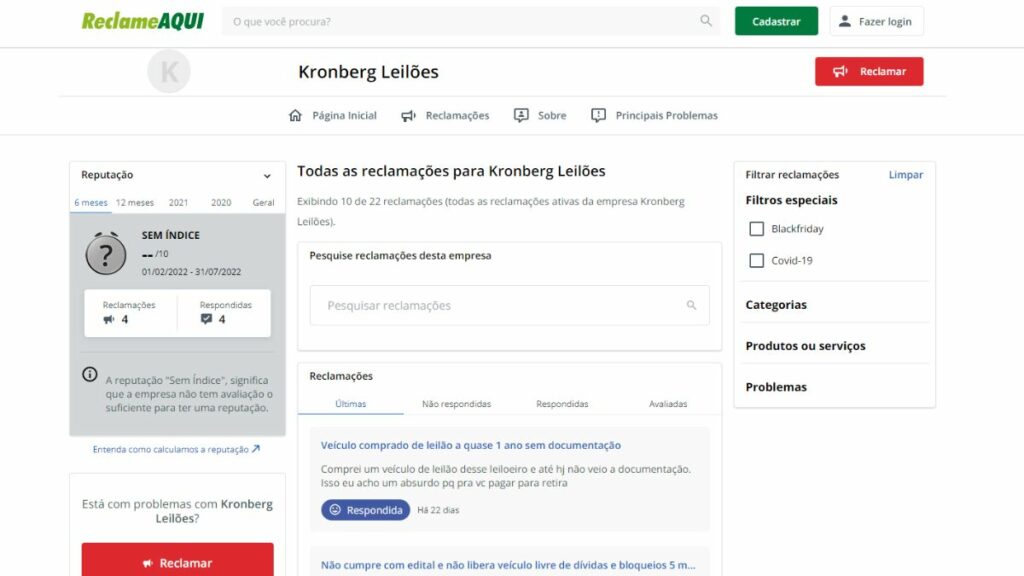 Print do Reclame Aqui da Kronberg Leilões