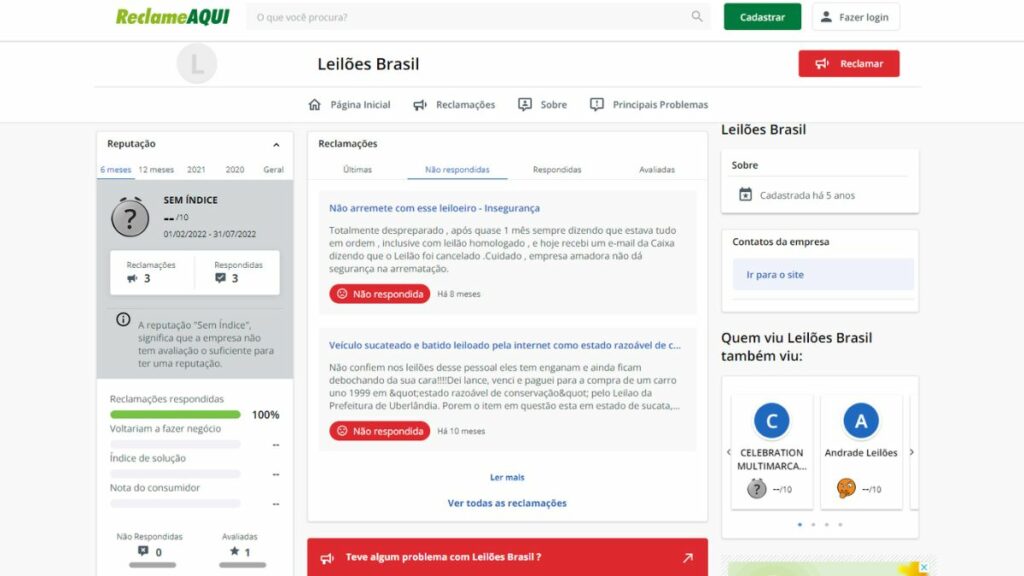 Print do Reclame Aqui da Leilões Brasil