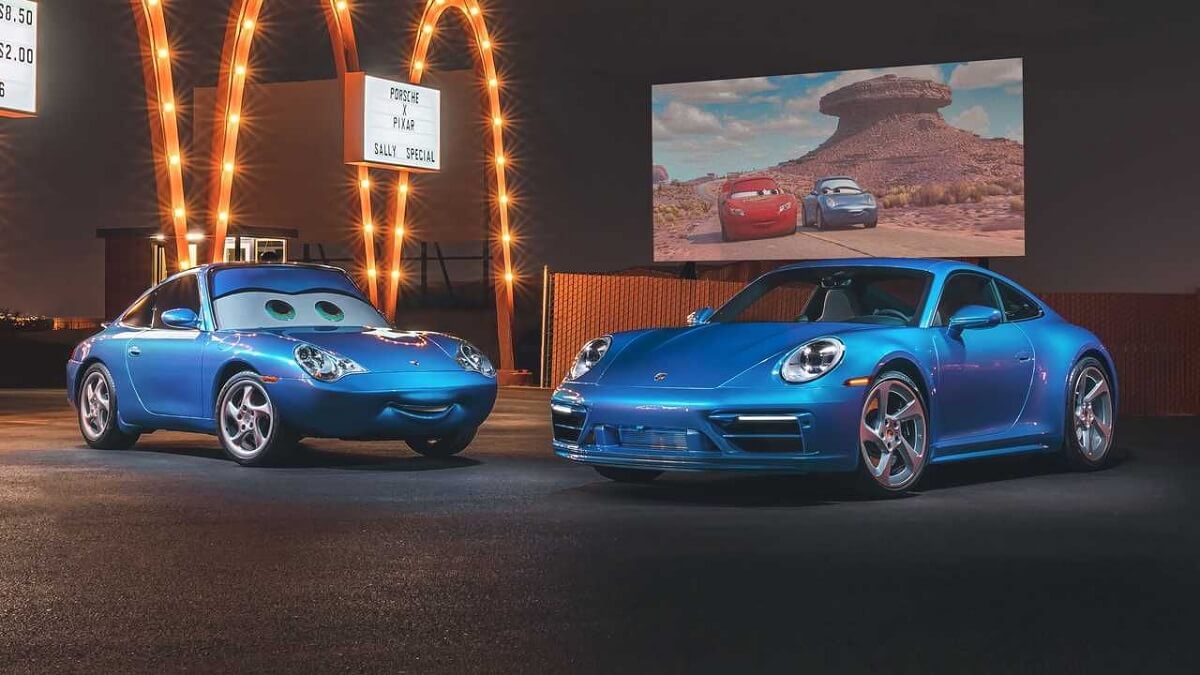 Foto da Sally que é a personagem do filme Carros, e o Porsche 911 que replica a personagem