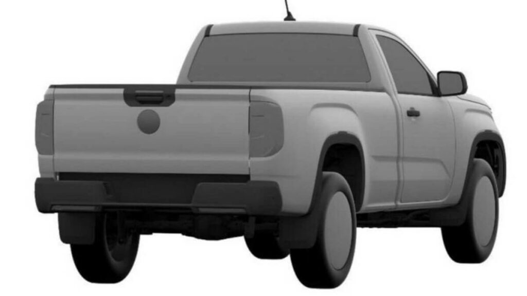Foto traseira do desenho de uma nova Amarok cabine simples o desenho é todo na cor cinza