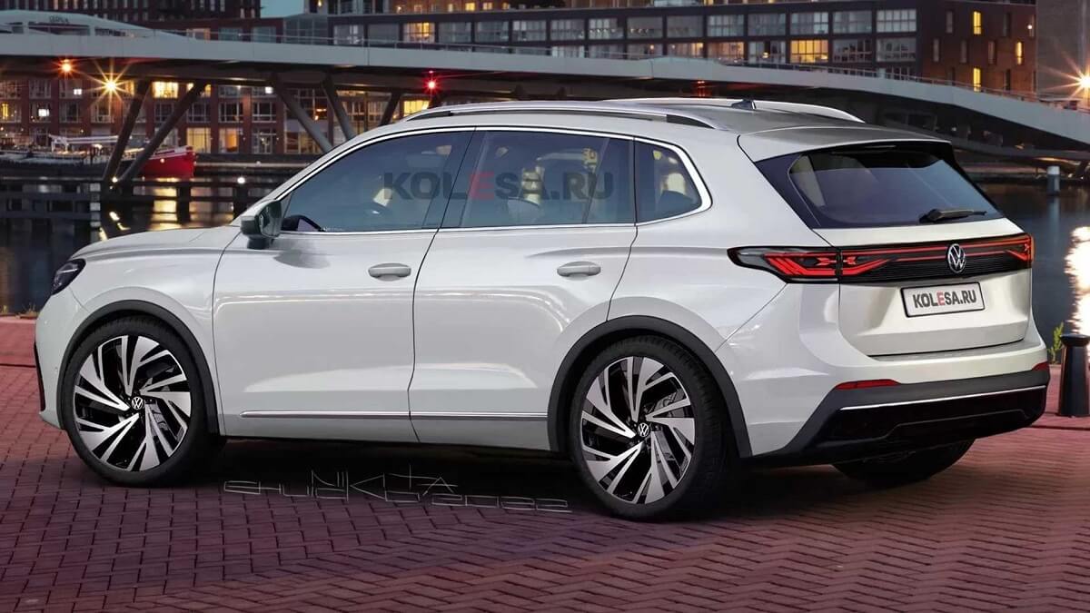 Foto e projeção da lateral de um Tiguan 2024 branco