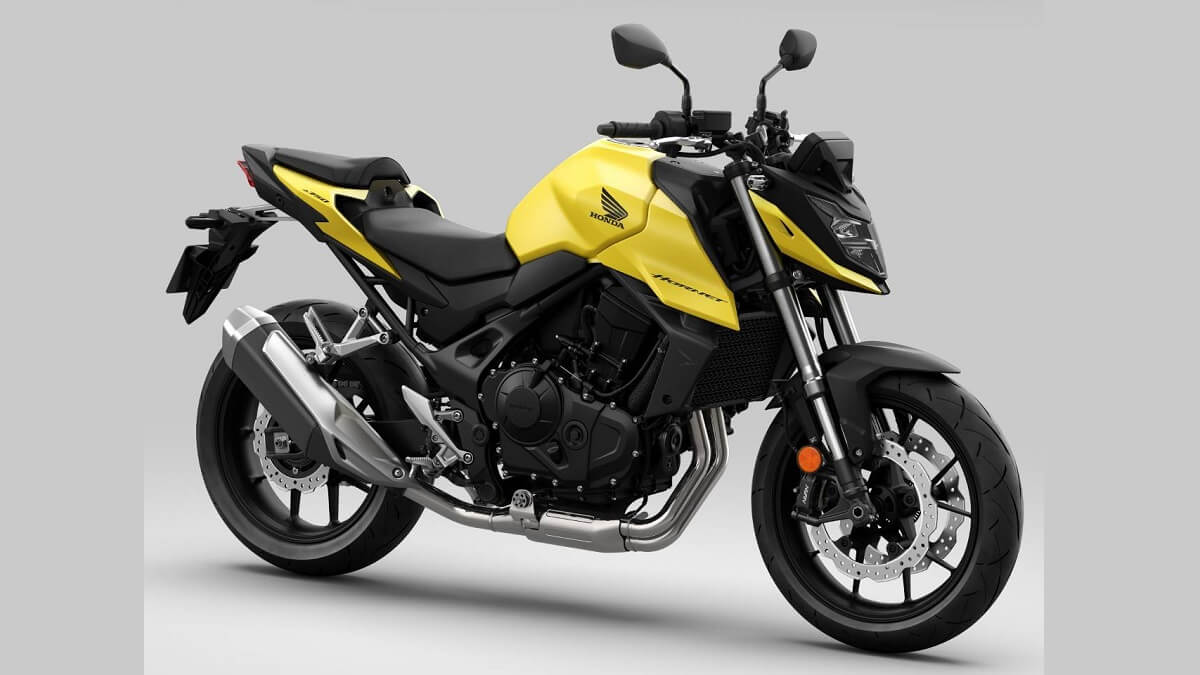 Foto lateral de uma Honda Hornet 2023 amarela