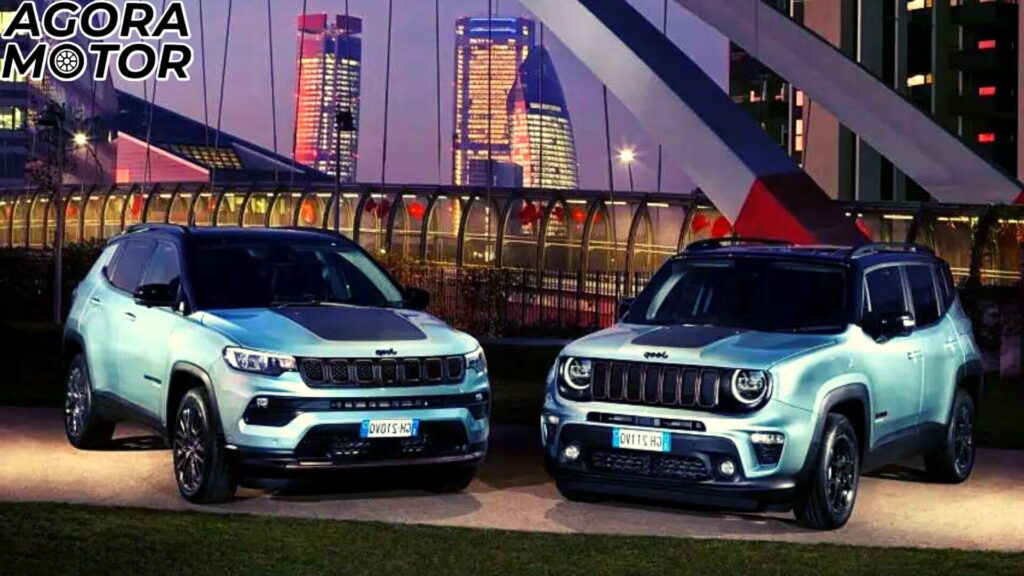 Foto de um Jeep Renegade ao lado de um Jeep Compass 2023