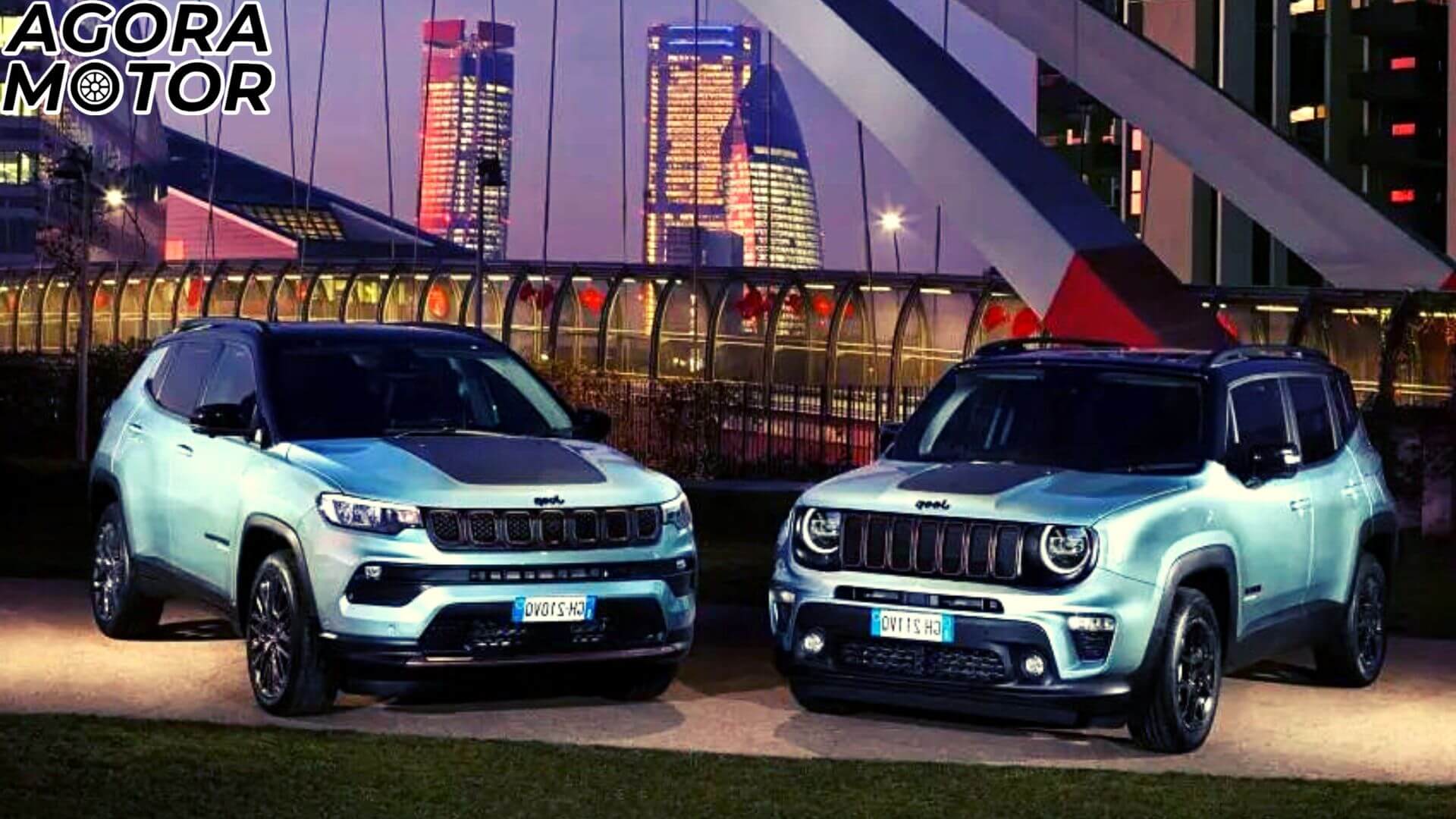 Foto de um Jeep Renegade ao lado de um Jeep Compass 2023