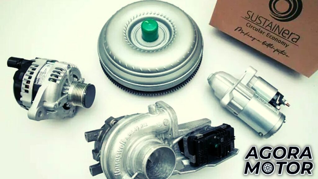 Foto de itens em cima de uma bancada, turbo, alternador ema sacola da divisão SUSTAINera do grupo Stellantis