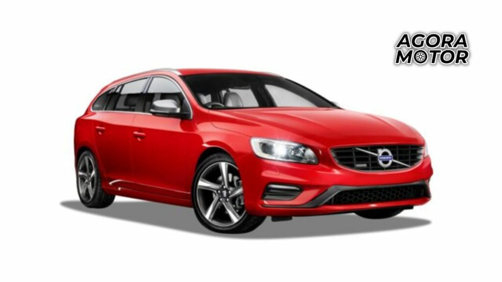 Foto frontal de um Volvo V60 vermelho