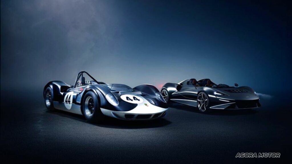 McLaren Elva ao lado de um modelo dos anos 60.