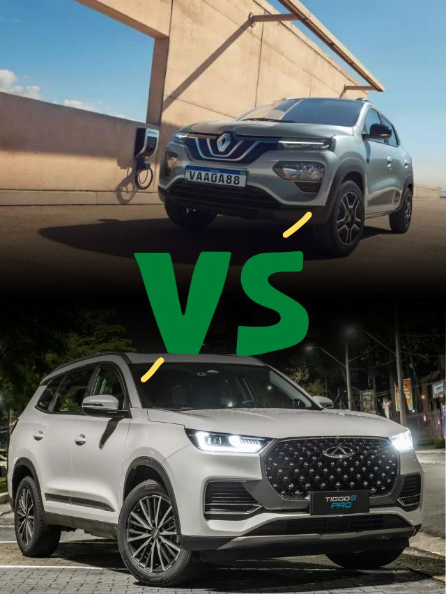 Foto de um veículo 100% elétrico e outro híbrido