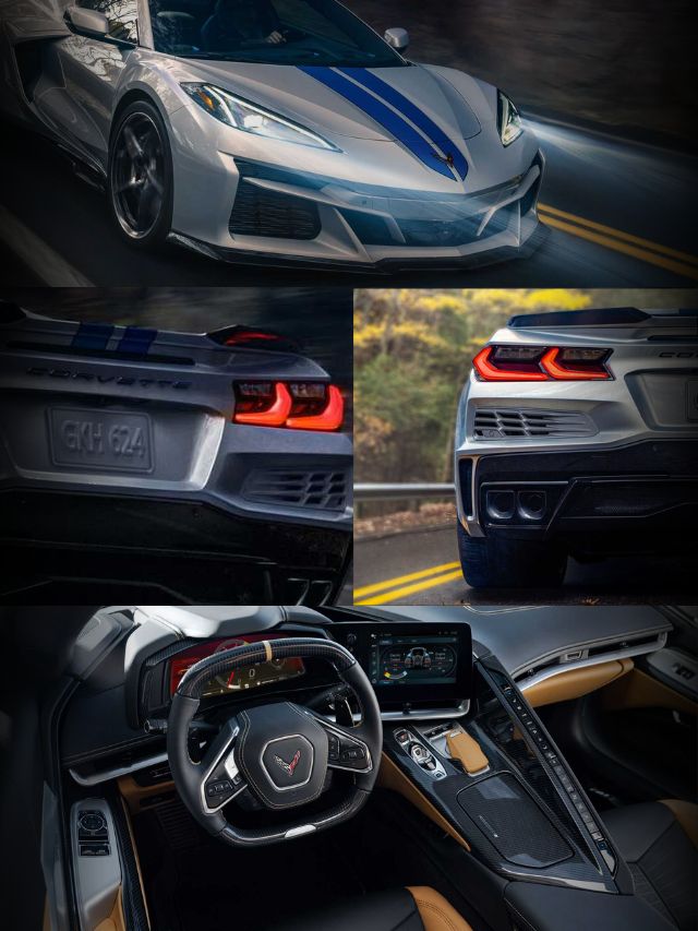 Montagem com frente, traseira e interior do Corvette E-ray 2024