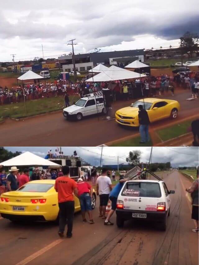 Foto de um Uno com escada dando pau no Camaro