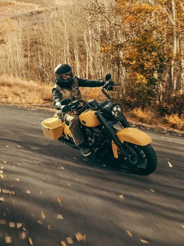 Road King 2023 na estrada, na cor amarela.