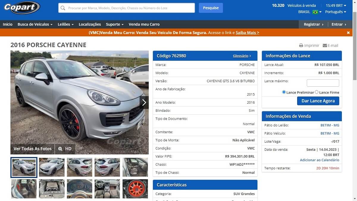 Porsche Cayenne: print da tela do site da Copart