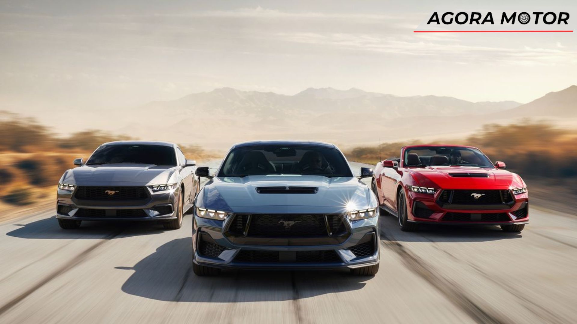 Três Mustang 2024 em movimento