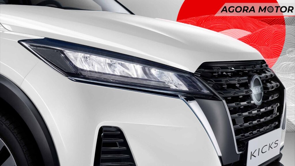 Parte frontal de um Kicks 2024, com foco na lampada em LED