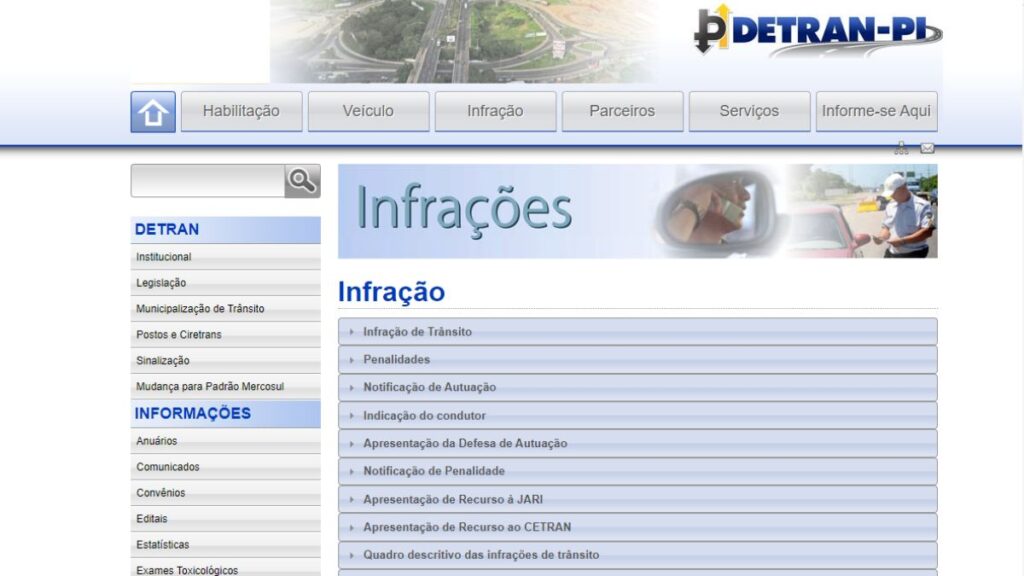 Print Screen da seção de Infrações no site do Detran-PI.