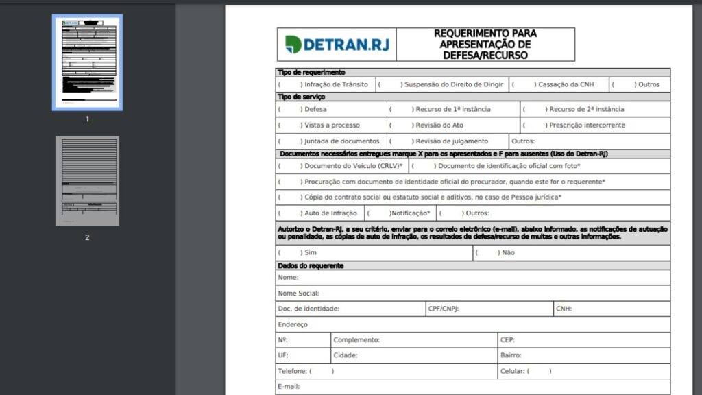 Requerimento para apresentação de defesa.