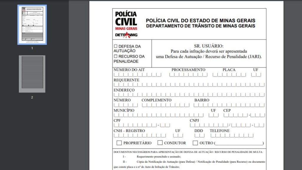 Formulário de Defesa de Autuação.