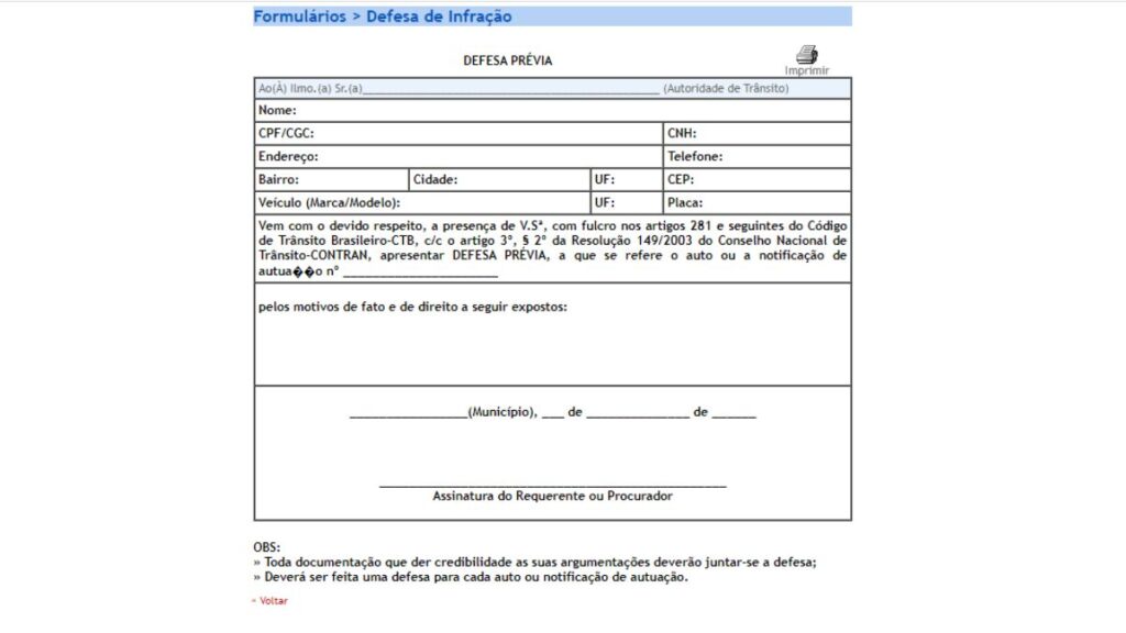 Formulário de Defesa Prévia do Detran-PA.