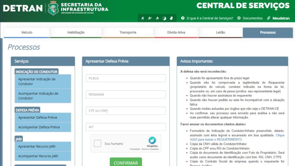Print Screen do formulário da Defesa Prévia.