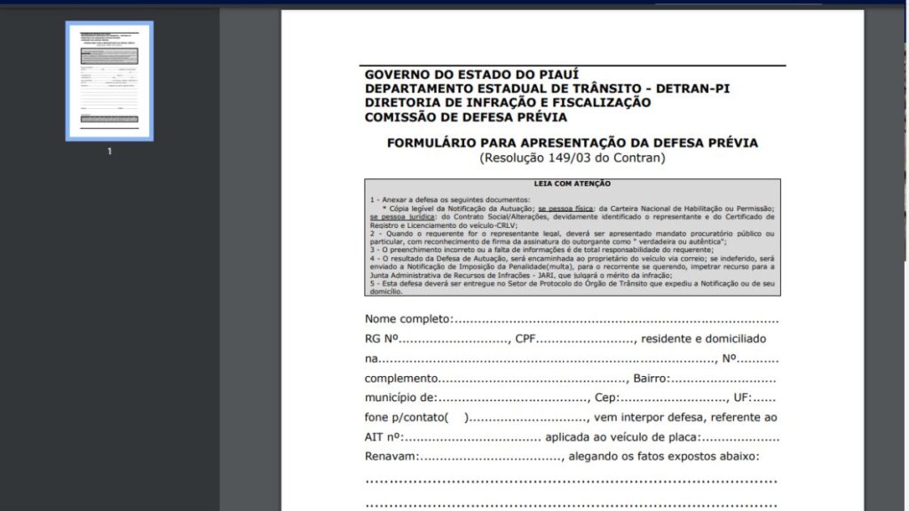 Formulário para apresentação da Defesa Prévia.