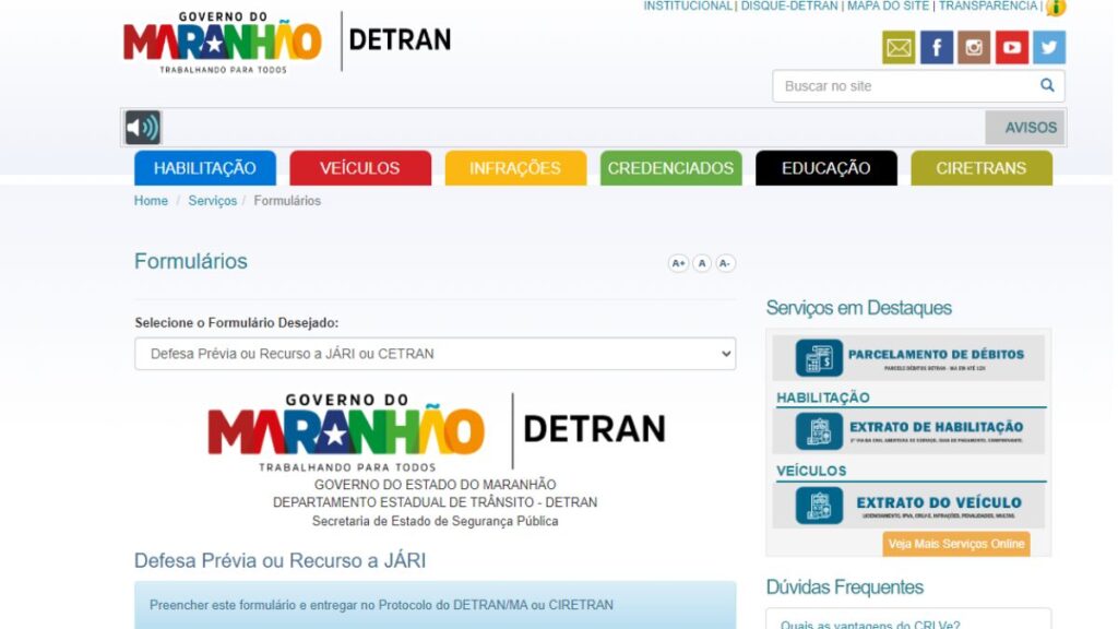 Formulário de defesa ou recurso.