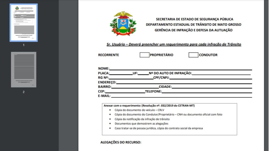 Formulário de defesa do Detran MT.
