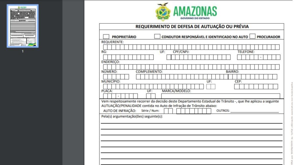 Print Screen do requerimento de defesa prévia.