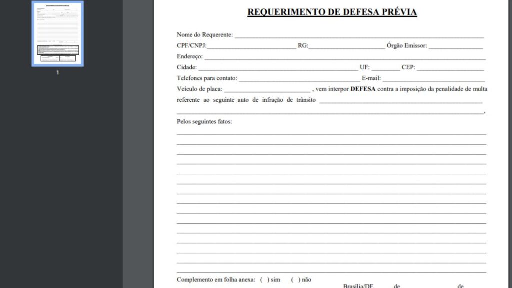 Formulário de Defesa Prévia.