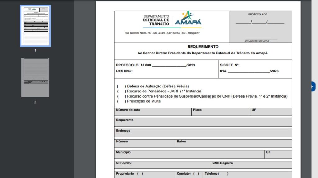 Formulário para defesa prévia.