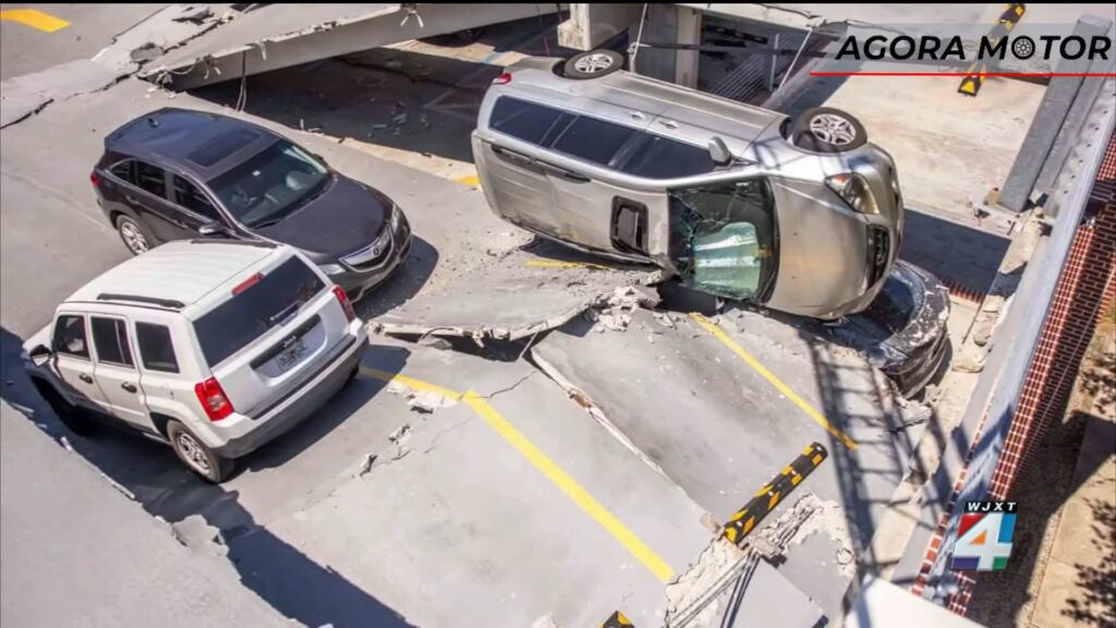 Estacionamento desaba na Flórida, deixando mais de 100 carros presos.