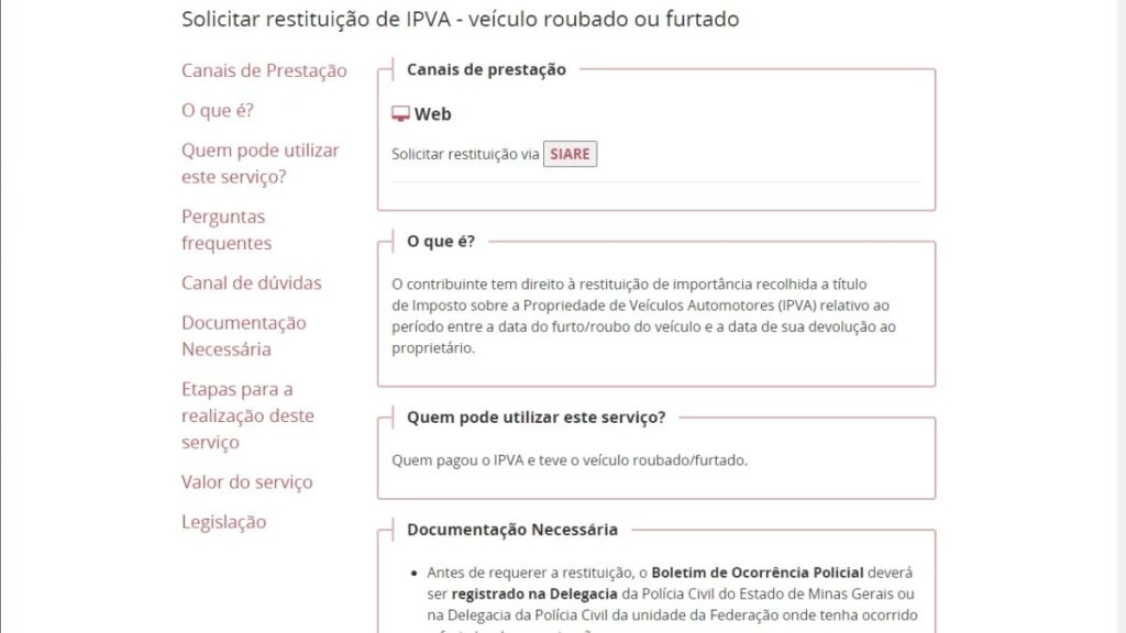 Print Screen do site da SEFAZ-MG.