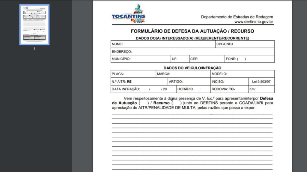 Formulário de autuação/recurso.