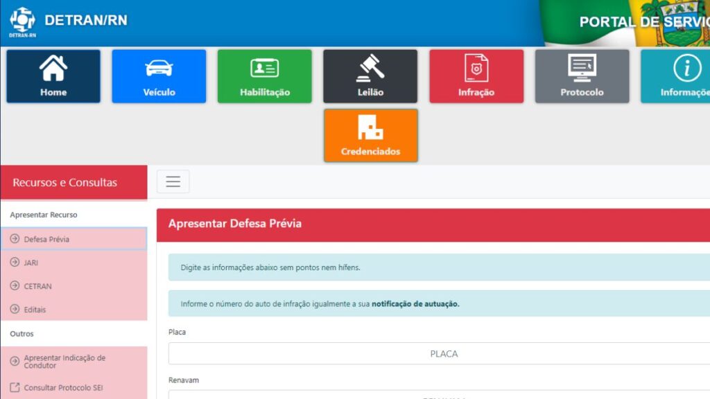 Seção para apresentar defesa prévia no Detran-RN.