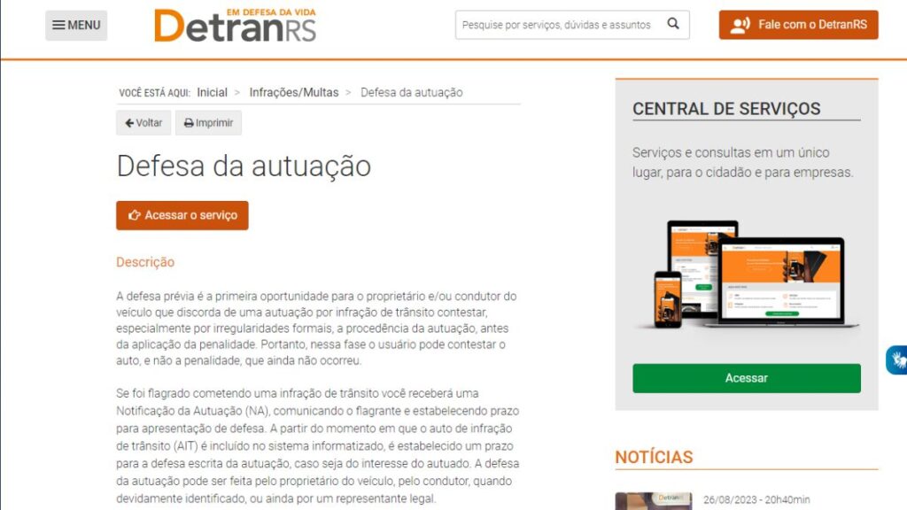 Print Screen da seção de Defesa de Autuação do Detran-RS.