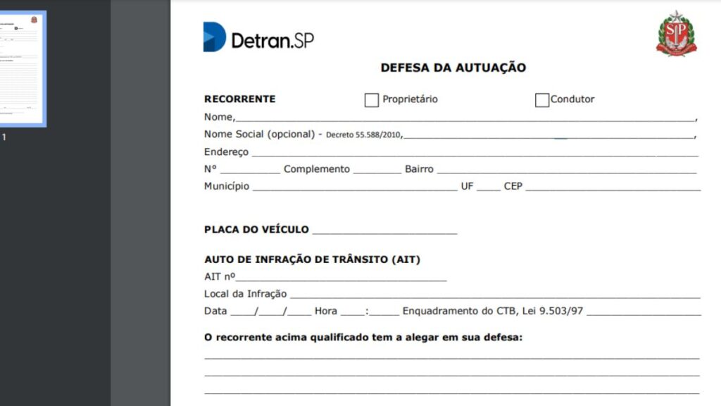 Formulário – Defesa de autuação.