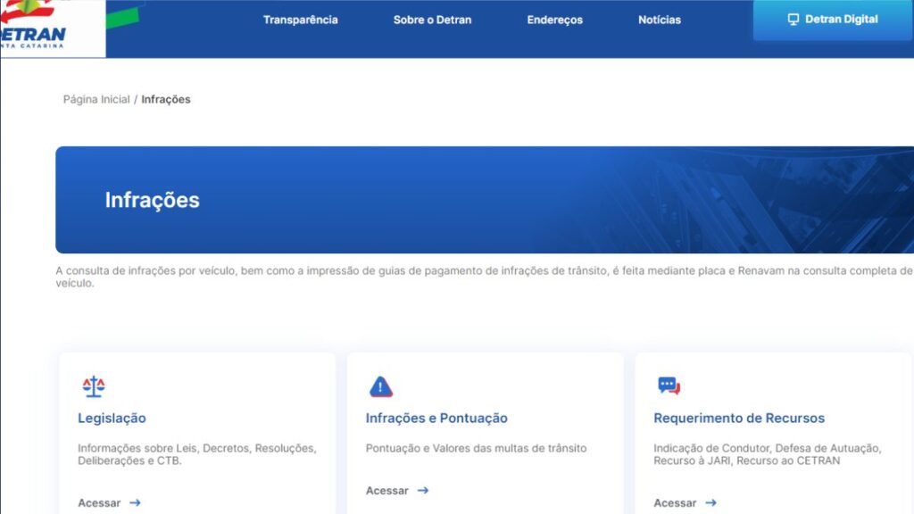 Seção de infrações no Detran SC.