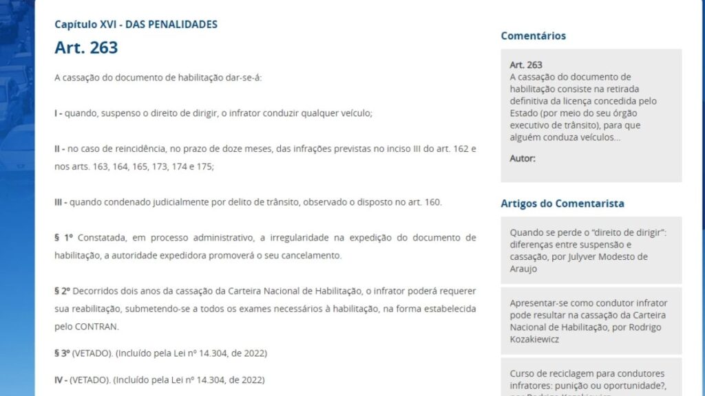 Print Screen do artigo 263 do CTB.