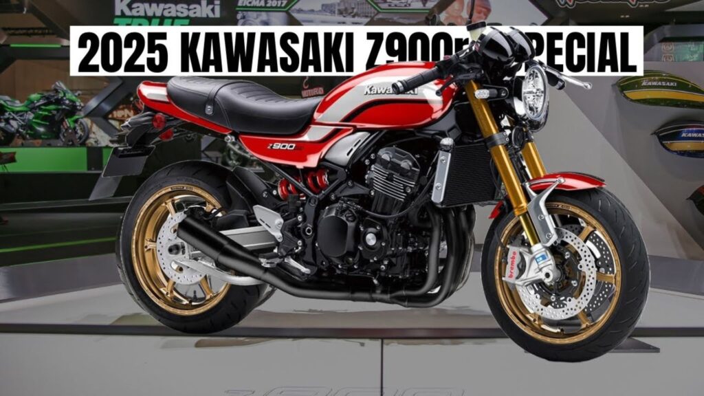 Kawasaki Z900 RS 2025 vermelha com rodas douradas.