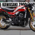 Kawasaki Z900 RS 2025 vermelha com rodas douradas.