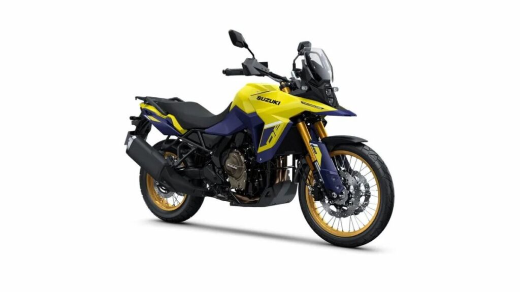 Suzuki V-Strom 800 DE 2025 amarela em fundo branco.