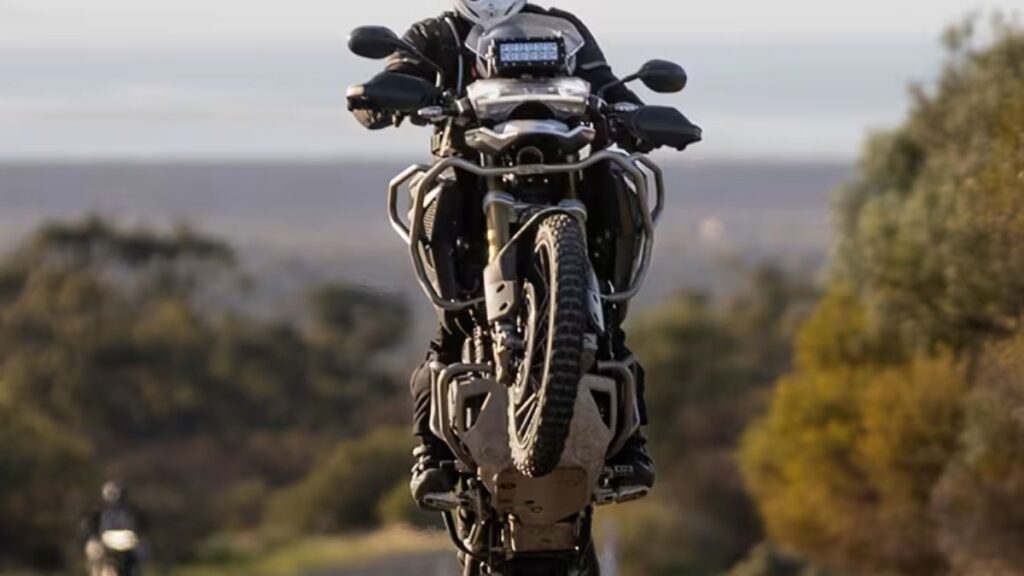 Triumph Tiger 1200 2025 empinando em asfalto.