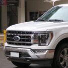 Ford série F branco parado na diagonal.