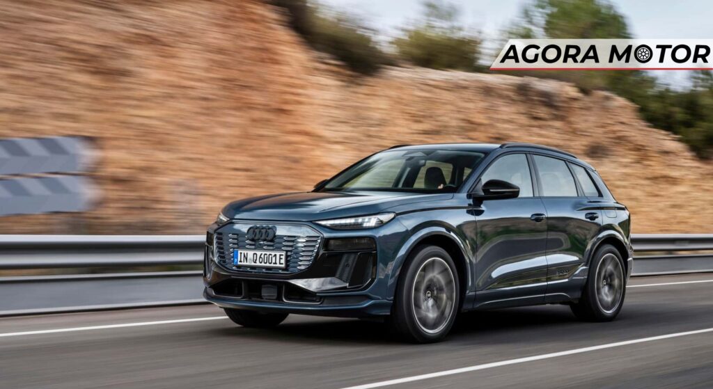Audi Q6 e-tron em velocidade na diagonal.