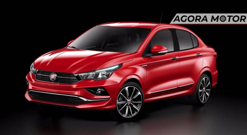 Fiat Cronos vermelho parado na diagonal.