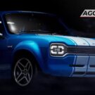 Ford Escort azul parado na diagonal.