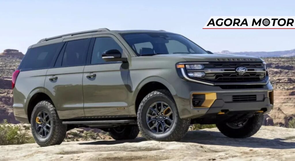 Ford Expedition cinza parado de lado.