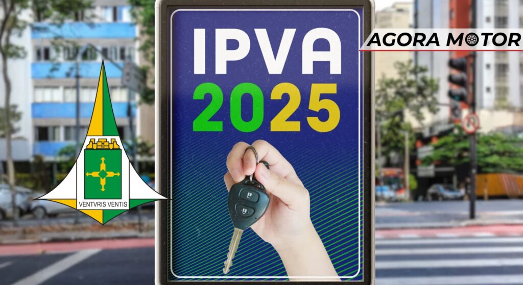 Placa de IPVA 2025 e uma bandeira do Destrito Federal do lado.