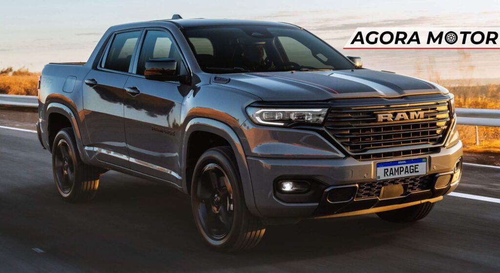 Picape RAM Rampage cinza em velocidade.