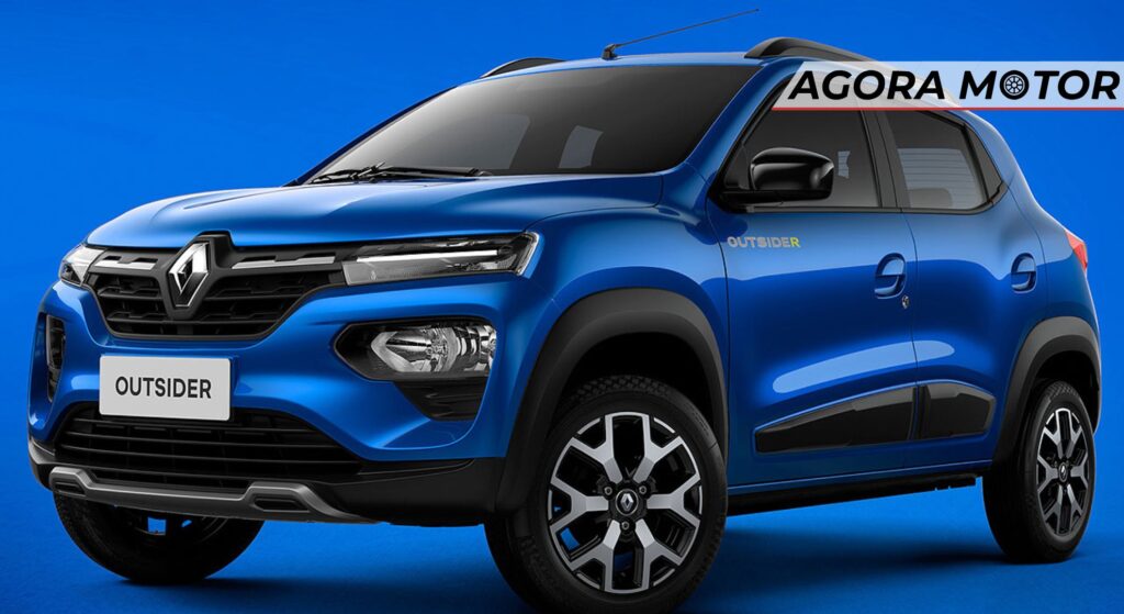 Renault Kwid azul parado de lado.