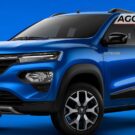 Renault Kwid azul parado de lado.